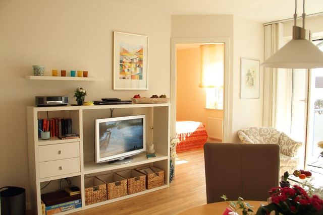 Wohnbereich mit TV-Regal und Blick ins Schlafzimmer